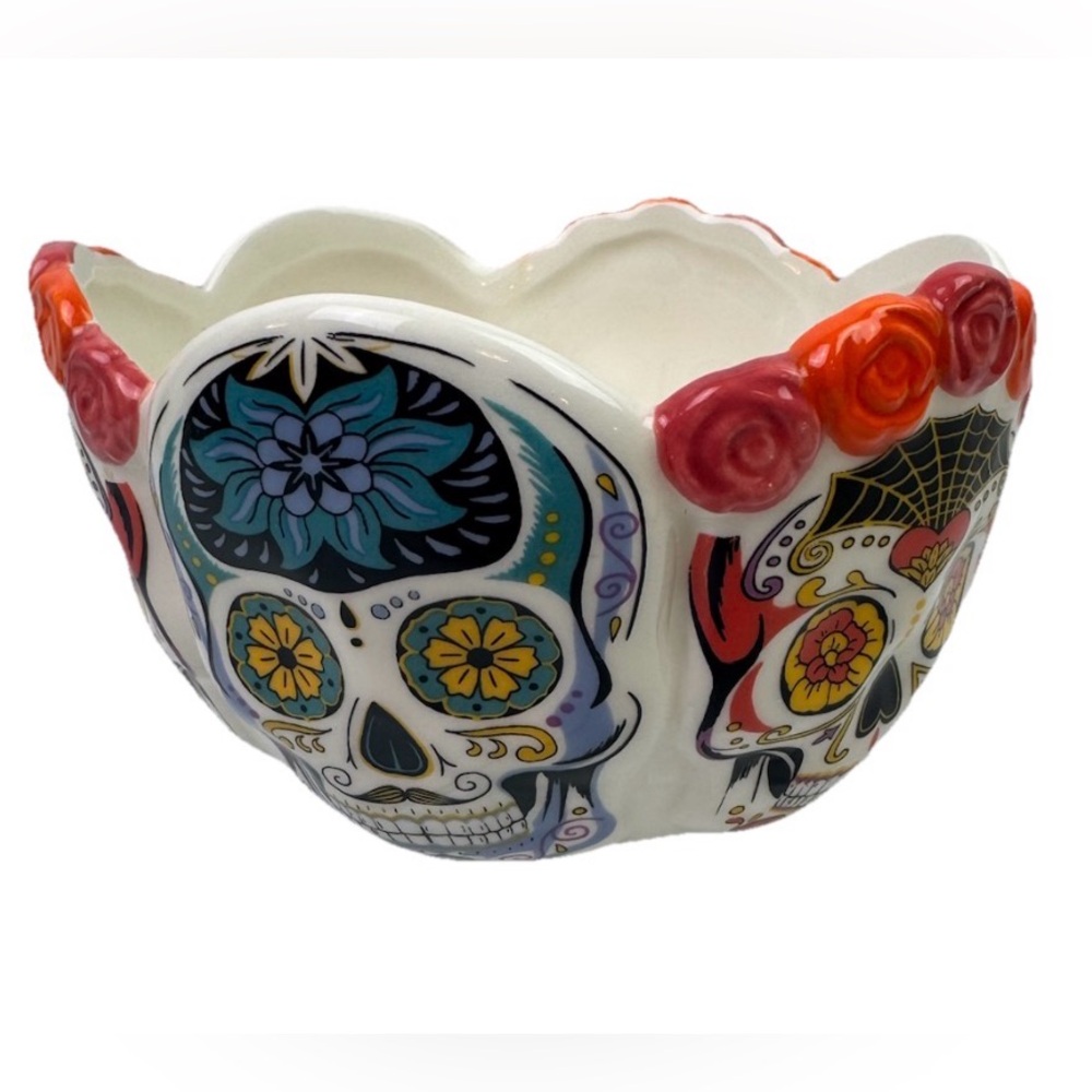 World Market Cost Plus Day of the Dead Sugar Skull Ceramic Bowl Halloween Decor